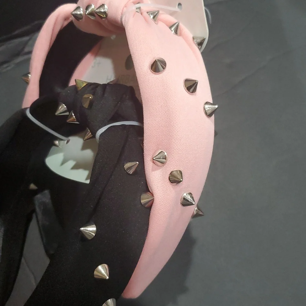 2pack Pink and black‎ fabric spiky metal studded knotted headbands new